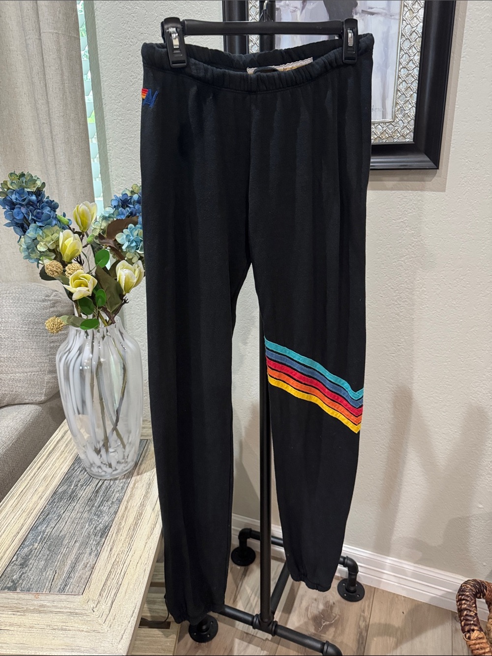 Aviator Nation Black Joggers with Rainbow Wave Stripe